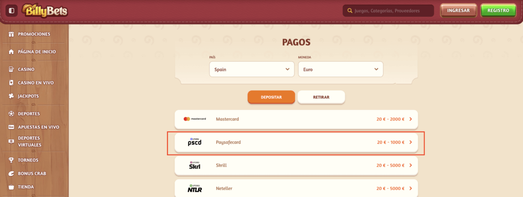 Billybets paysafecard pago
